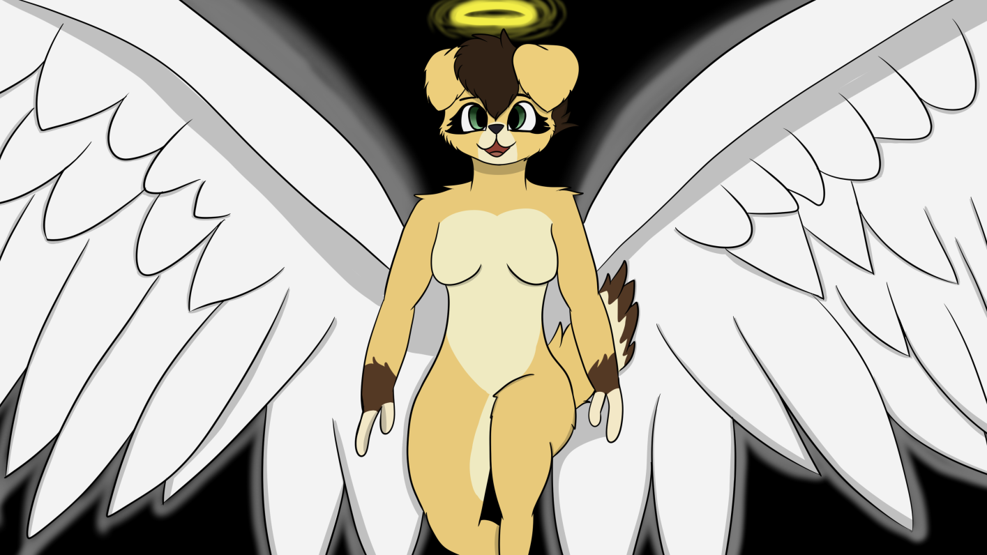 Lupi, a beige anthropomorphic dog, depicted with large white wings and a halo.