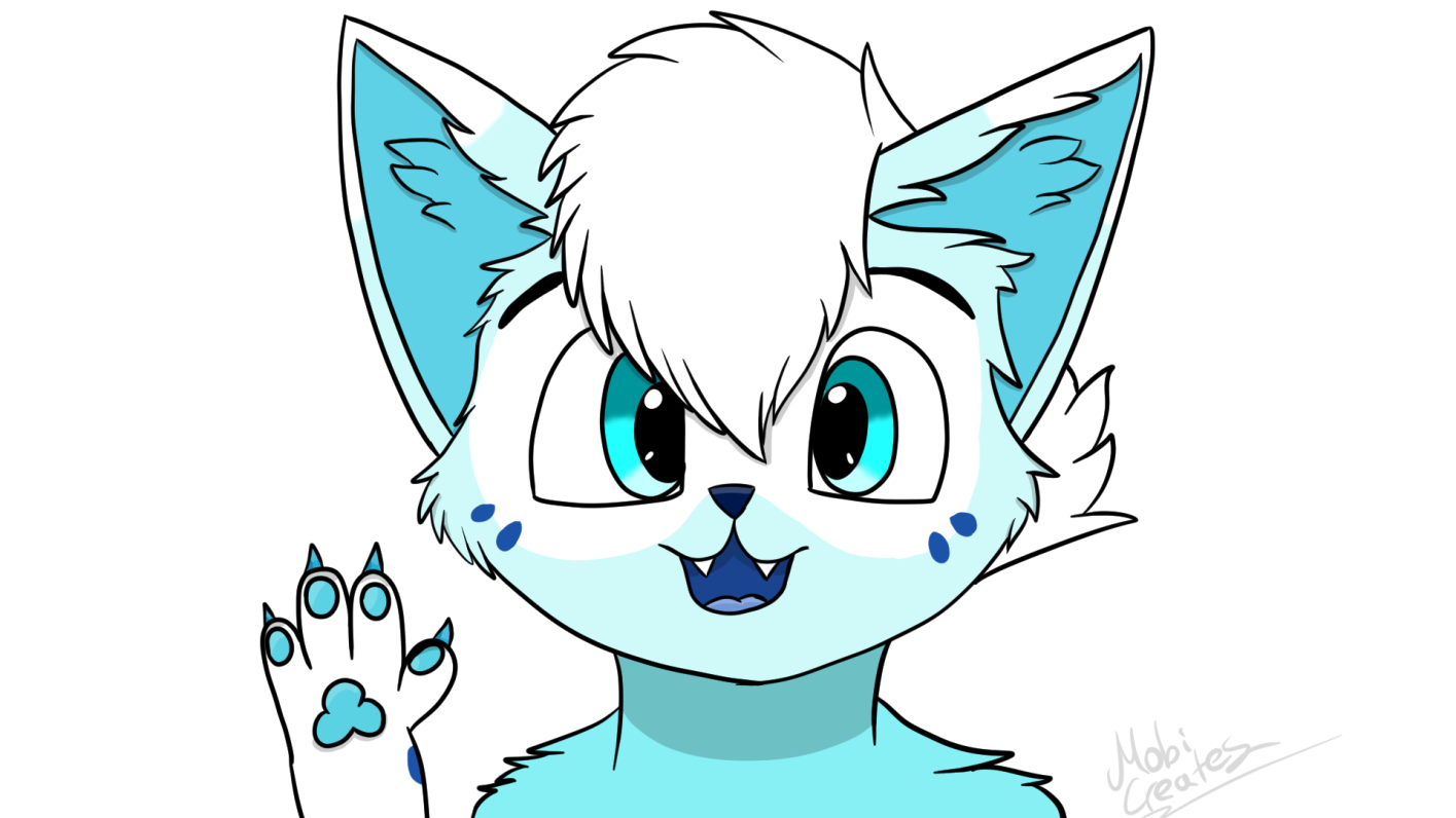 Mobi the blue ice cat is smiling and waving at you.