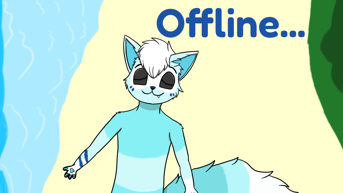 Mobi the blue ice cat laying on a beach. Large text in the top right says Offline.