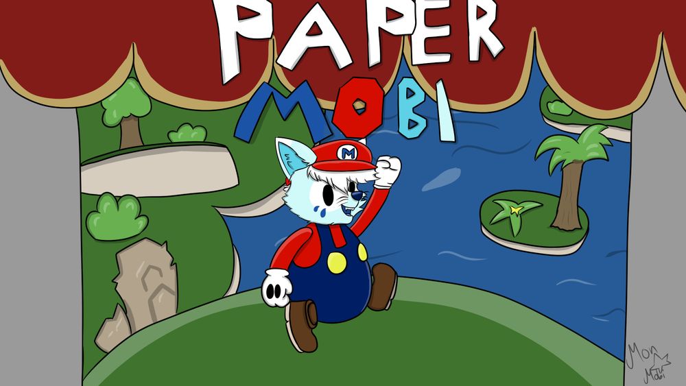 Mobi the blue ice cat in the outfit of this one red plumber. In the background are a few islands and water. The heading says, in colorful letters, Paper Mobi.